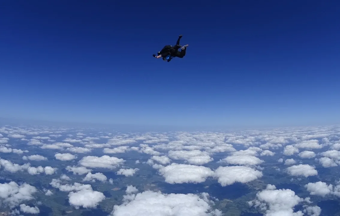 Tandem skydivers distance shot provided by Skyline